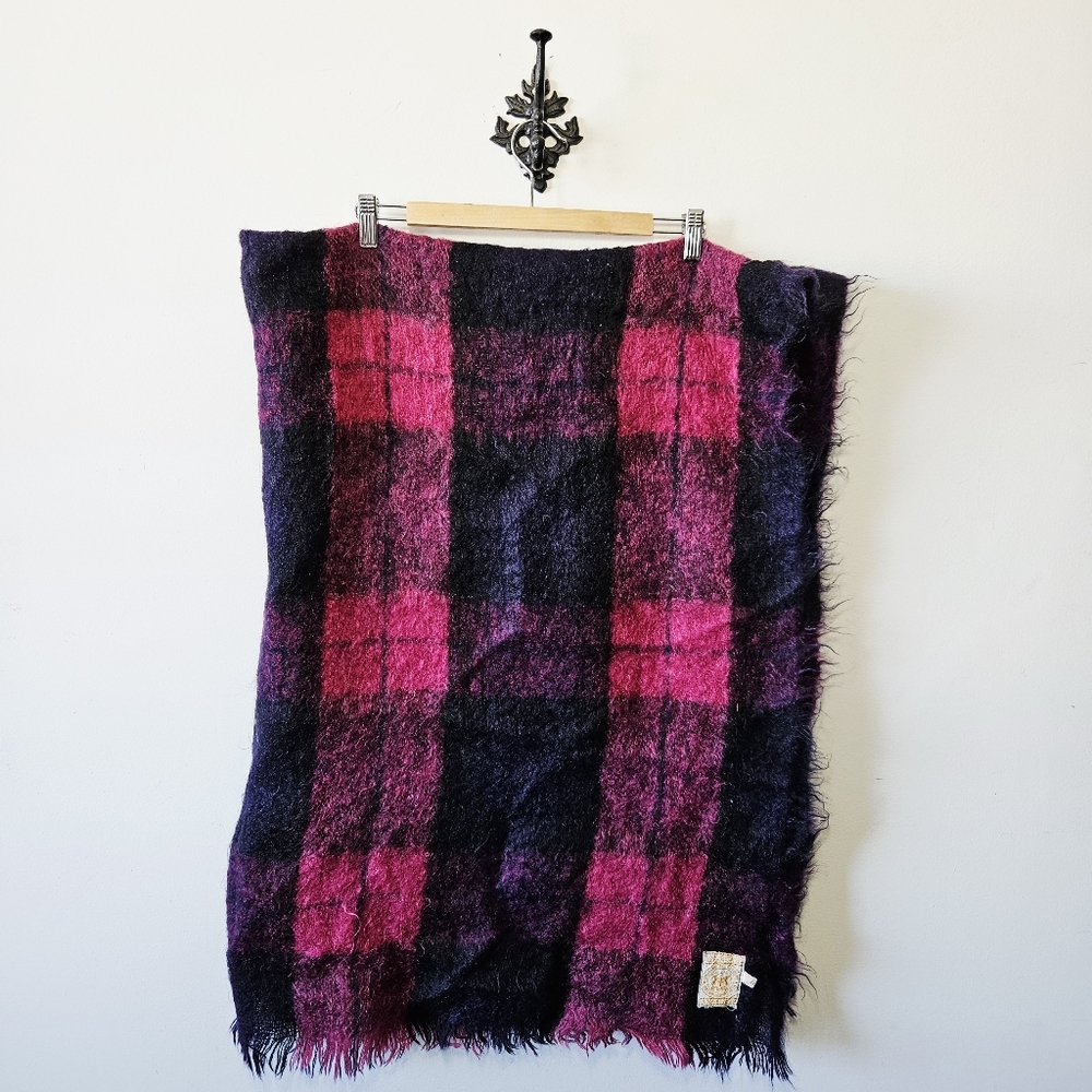 Vintage Hudson's Bay Plaid Mohair Blanket 50" x 70" Fringed Made In Scotland